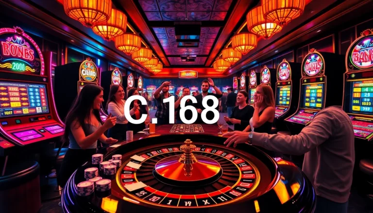 Players celebrating a C168 win at a vibrant casino with slot machines and roulette.