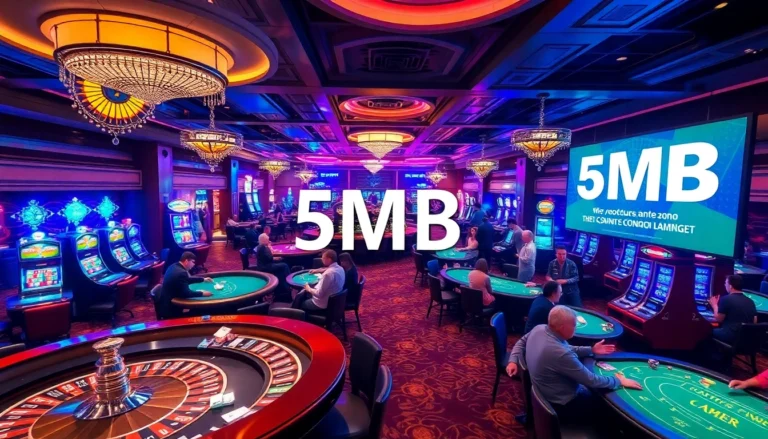 Experience thrilling gambling action at an exciting casino floor with vibrant tables and 5MB promotions featured in the background.
