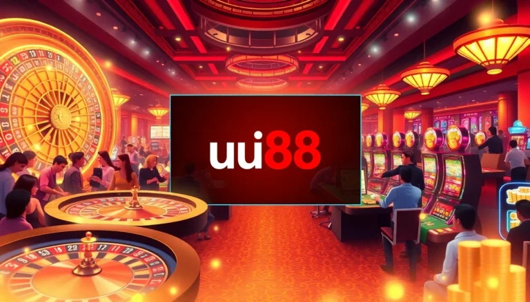 Experience electrifying casino moments with uu88, featuring diverse gamblers at roulette tables, slot machines, and excitement in the air.