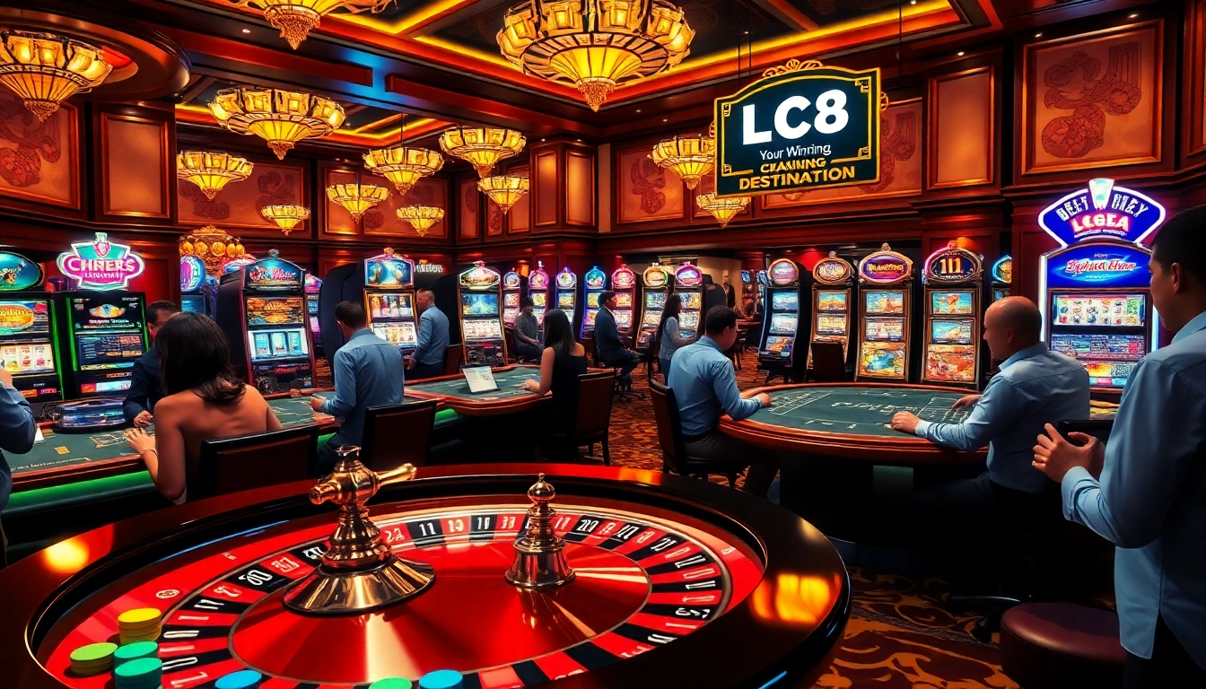 Experience the excitement of LC88 as players enjoy roulette and slots in a luxurious casino setting.