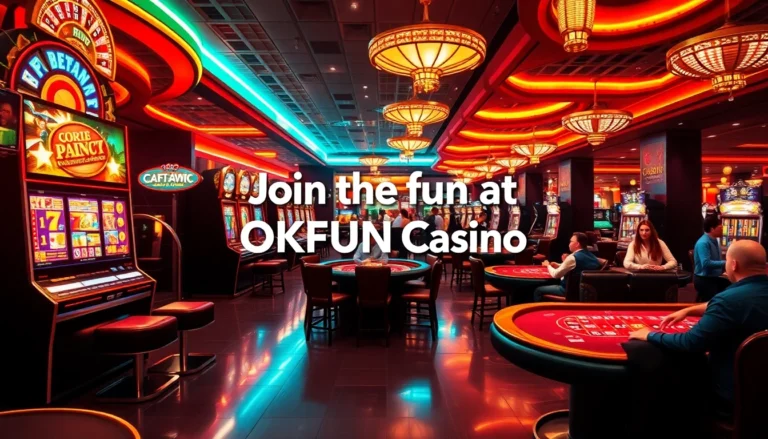 Action-packed casino scene showcasing players at OKFUN Casino's vibrant poker and slot tables.