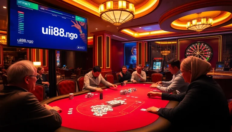 Experience the thrill of gambling at https://uu88.ngo/ with a buzzing poker game among eager players in a lavish casino.