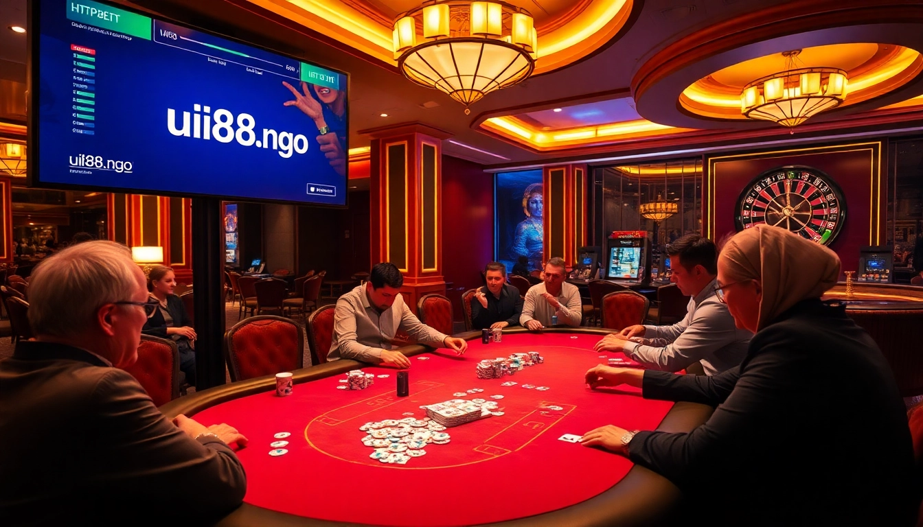 Experience the thrill of gambling at https://uu88.ngo/ with a buzzing poker game among eager players in a lavish casino.