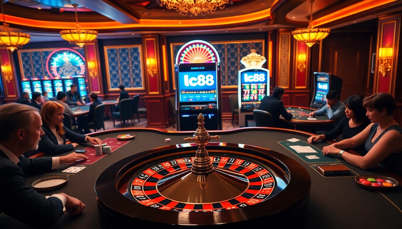 An engaging scene of the lc88 slot machine in a bustling casino, showcasing players at poker tables and a glowing roulette wheel, enhancing the gambling experience.