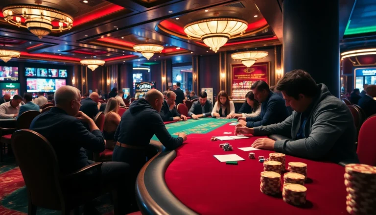 Dynamic scene of players at a poker table showcasing https://new88bet.us/ excitement and strategy in an upscale casino setting.
