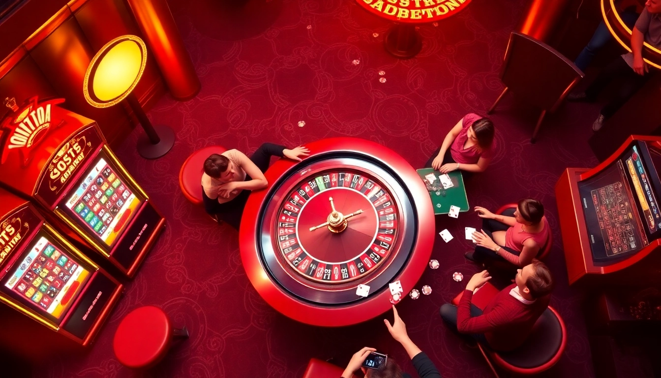 Players engaging with the f8bet roulette table amidst a thrilling casino scene filled with vibrant slot machines and poker chips.