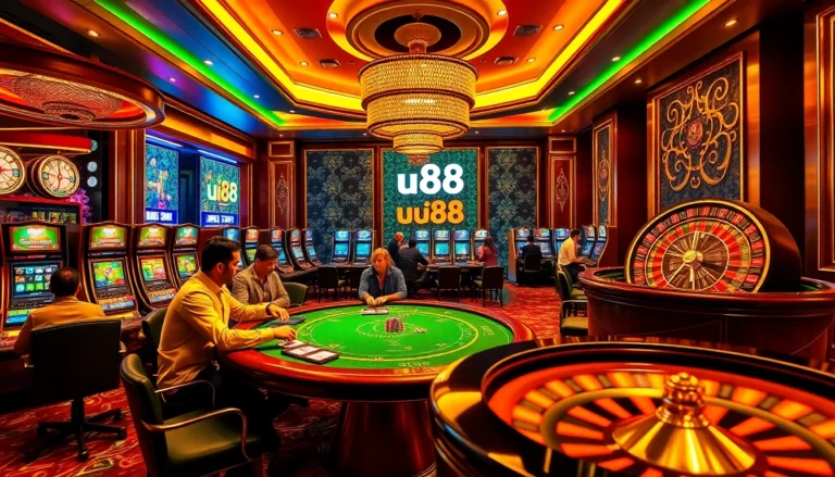 uu88 Casino interior with players at poker tables and vibrant slot machines
