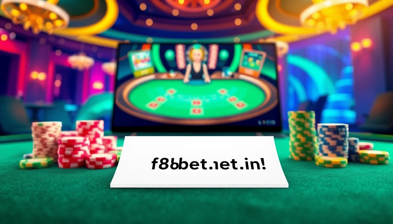 Experience thrilling online gambling at f8bet.net.in with a vivid blackjack game display complete with vibrant chips and a live dealer.