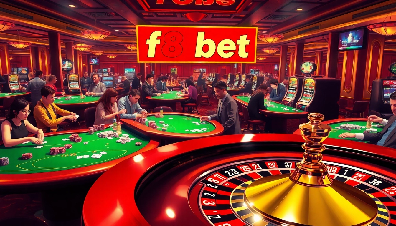 F8bet casino scene with players enjoying poker and roulette games.