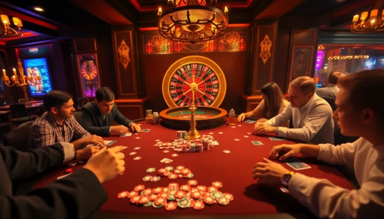 Experience thrilling gameplay at https://new88c.co/ with players enjoying poker amidst vibrant casino decor.