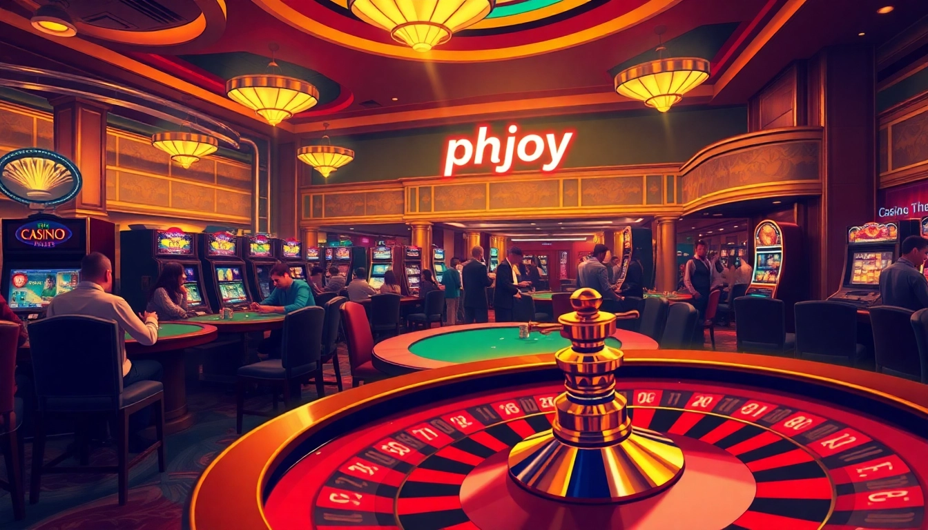 Feel the thrill at PHJOY casino with players celebrating wins at stylish poker tables.