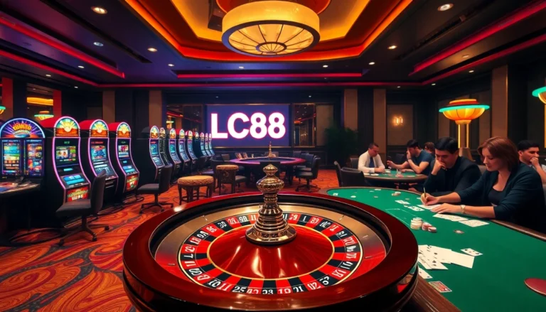 LC88 casino scene featuring roulette, poker, and slot machines.